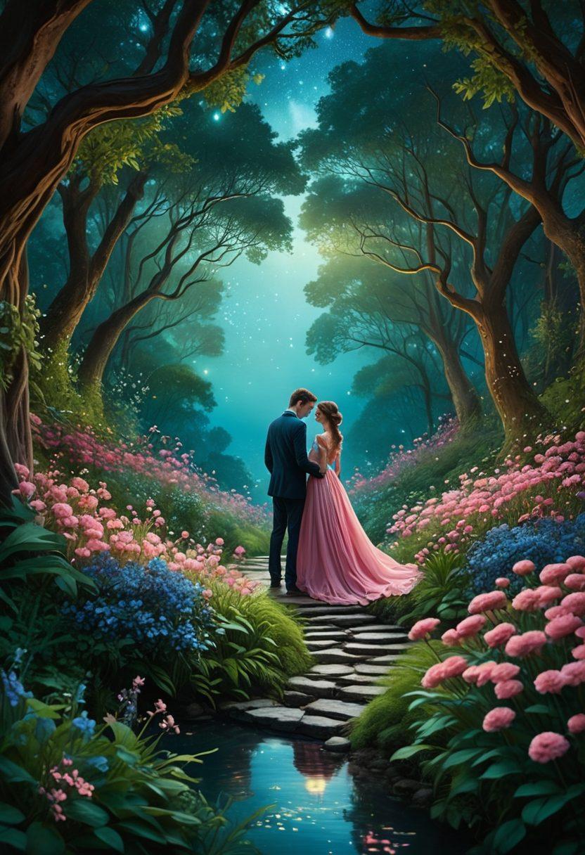 A whimsical, dreamy landscape featuring a winding path through a lush, enchanted forest, where lovers encounter glowing orbs representing passion and desire. The scene includes delicate flowers, soft sparkling lights, and silhouettes of couples connecting intimately under a starry sky filled with romance. The vibrant colors evoke warmth and allure, inviting viewers to explore the depths of romantic connections. surreal illustration. vibrant colors. soft focus.