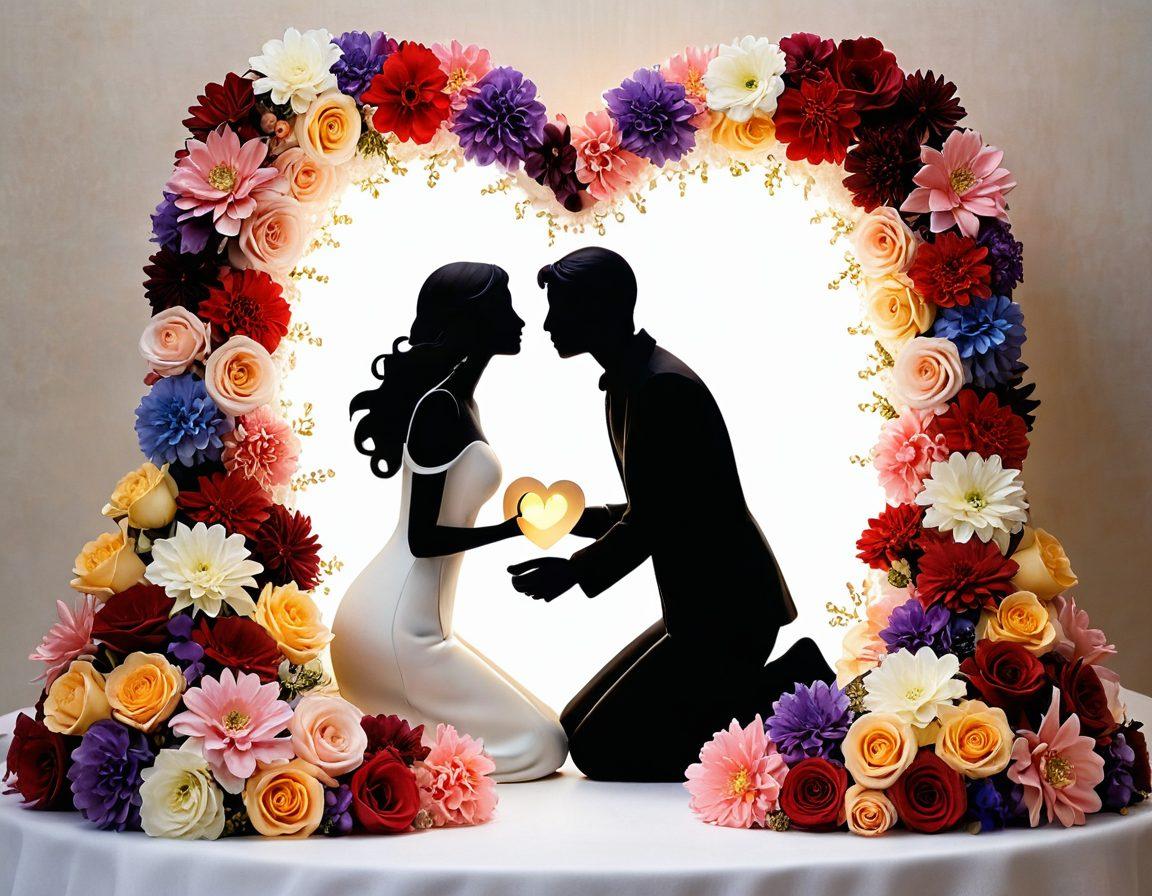 A whimsical and alluring scene featuring a heart-shaped chocolate box surrounded by vibrant flowers, symbolizing love and desire. In the background, silhouettes of two figures reaching for each other, embodying connection and empowerment. Soft pastel colors create a dreamy atmosphere, with delicate sparkles that add a touch of magic. Elements like candles and soft fabrics suggest an intimate setting. vibrant colors. super-realistic. romantic style.