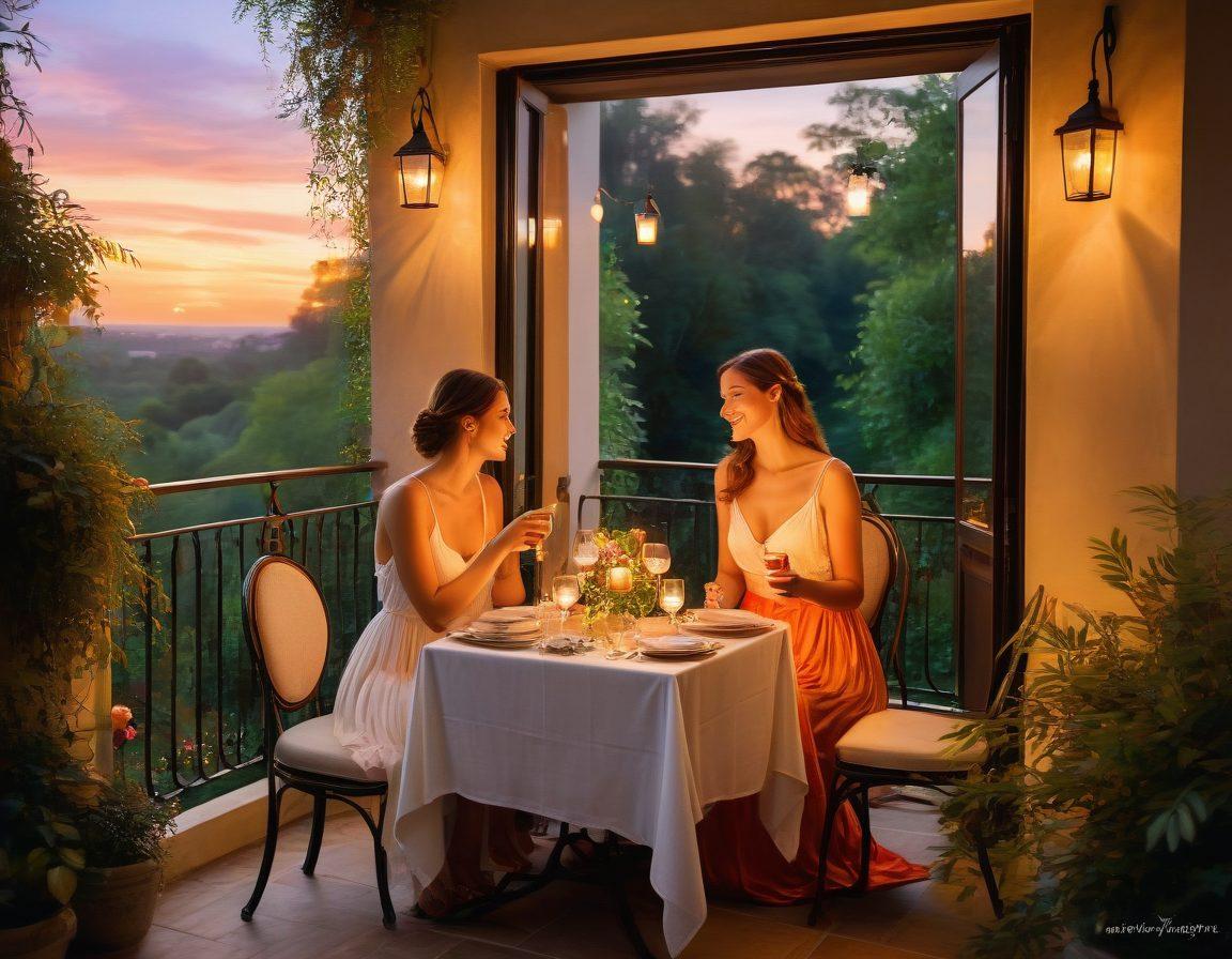 A romantic setting featuring a couple enjoying a candlelit dinner on a balcony overlooking a sunset, surrounded by lush greenery and soft fairy lights. The scene embodies sensuality and love through their joyful expressions and intimate gestures. Include elements like a fine wine, elegant tableware, and glowing candles to enhance the atmosphere. watercolor painting. warm tones. soft focus.